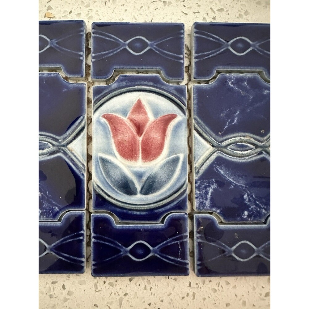 Retro Tulips Japan Cobalt Blue Splash / MAJOLICA Kitchen Bathroom Pool Tiles - Picture 9 of 9